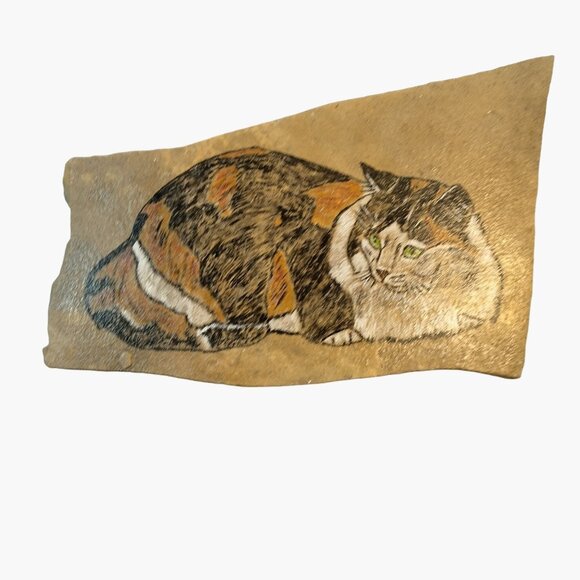 Calico Cat Stone Plaque Unique Art Hand Painted Rustic Wall Hanging Cottage - Picture 1 of 4